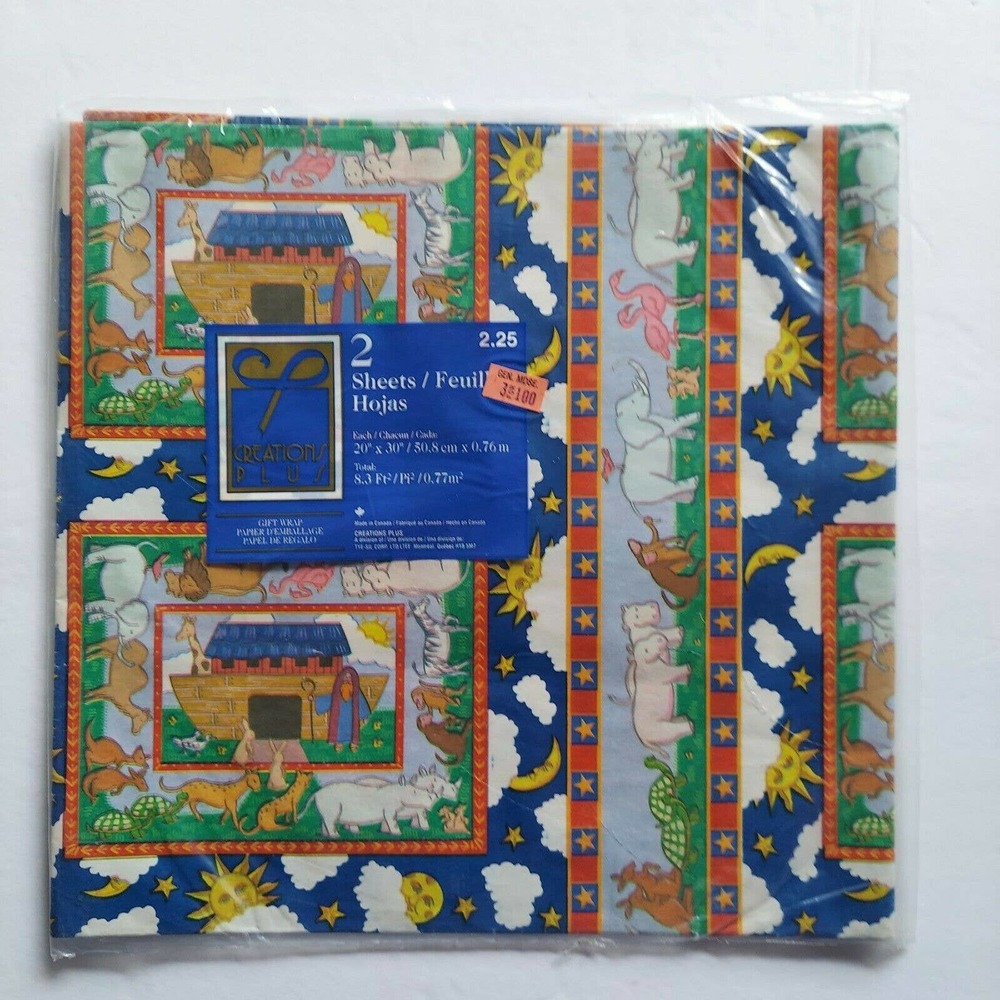 Vintage Sealed Gift Wrap Noah's Ark ~ 2 Sheets Flat Colorful Animal Paper NOS - Picture 2 of 5